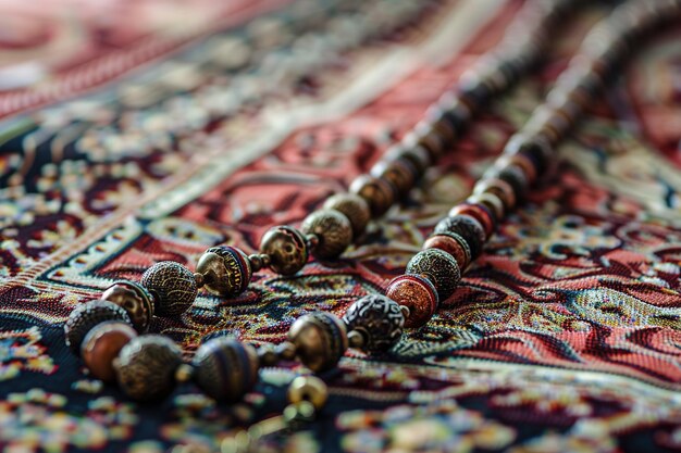 Een close-up van een tasbih gebed kralen op een ingewikkeld geweven tapijt
