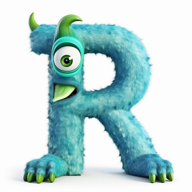 Een close-up van een tekenfilm monsterachtige letter r met een groene neus generatieve ai