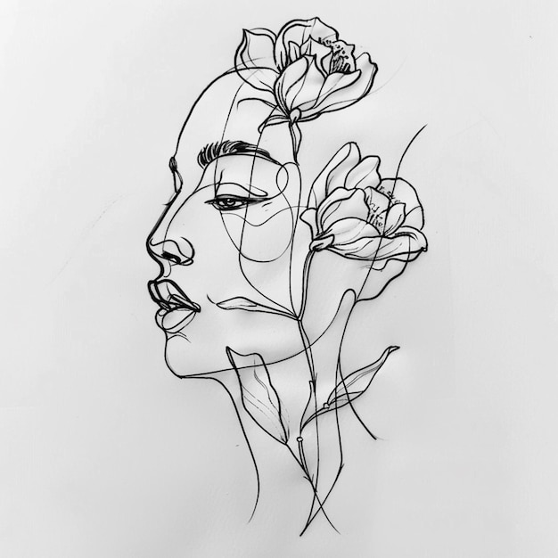 een close-up van een tekening van een vrouw met bloemen generatieve ai