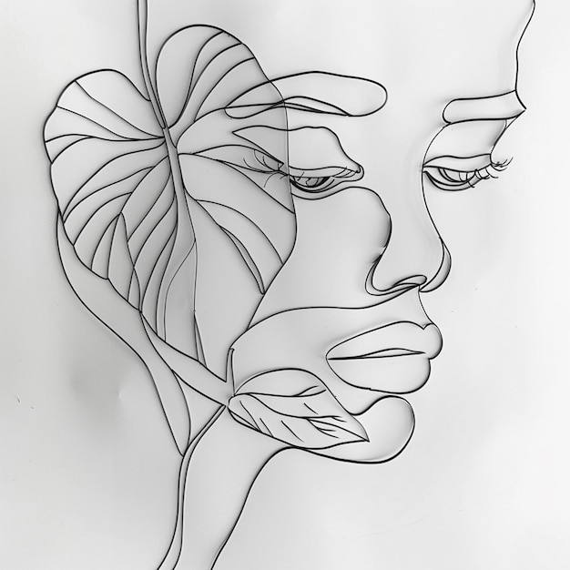 een close-up van een tekening van het gezicht van een vrouw met een blad op haar hoofd generatieve ai