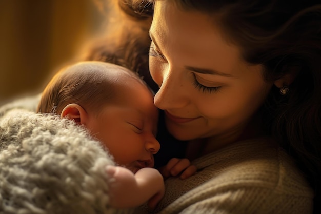 Een close-up van een tevreden moeder die haar pasgeboren baby zachtjes knuffelt Generatieve AI