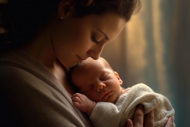 Een close-up van een tevreden moeder die haar pasgeboren baby zachtjes knuffelt Generatieve AI