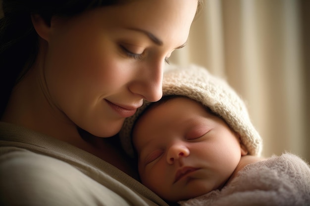 Een close-up van een tevreden moeder die haar pasgeboren baby zachtjes knuffelt Generatieve AI