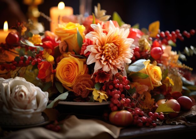 Foto een close-up van een thanksgiving-tafellandschap waarin de ingewikkelde details van een prachtige arran zijn vastgelegd