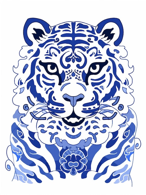 Foto een close-up van een tijger met een blauw-wit ontwerp erop generatieve ai