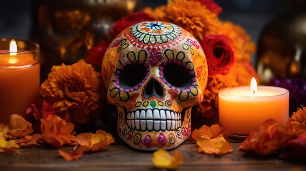 een close-up van een traditioneel geschilderde suikerschedel op een altaar dat de Dag van de Doden viert
