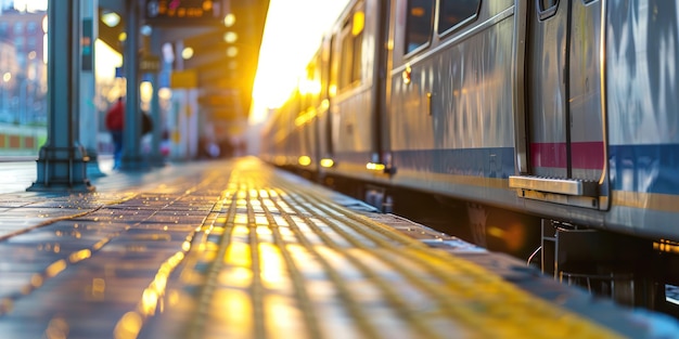 Een close-up van een trein die op een perron aankomt