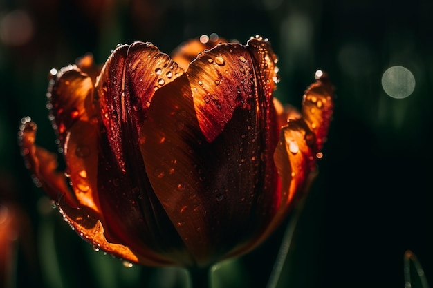 Een close-up van een tulp met waterdruppeltjes erop