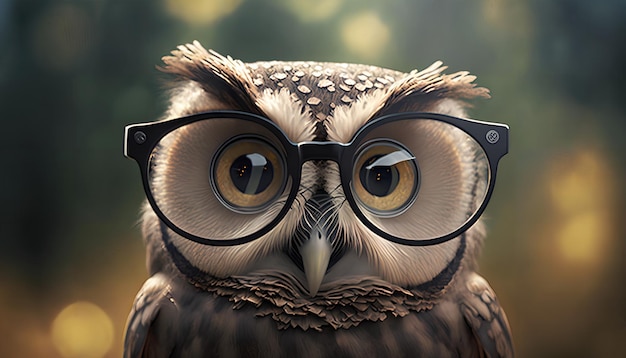 Een close-up van een uil die een bril draagt met een onscherpe achtergrond.