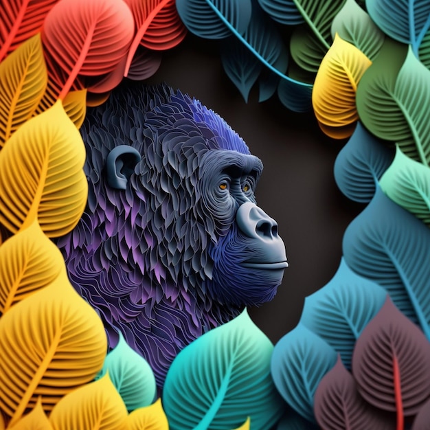 een close-up van een uit papier gesneden gorilla omringd door generatieve ai bladeren