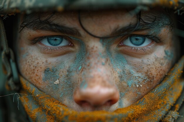 Een close-up van een vastberaden gezicht van een soldaat versierd met camouflage verf