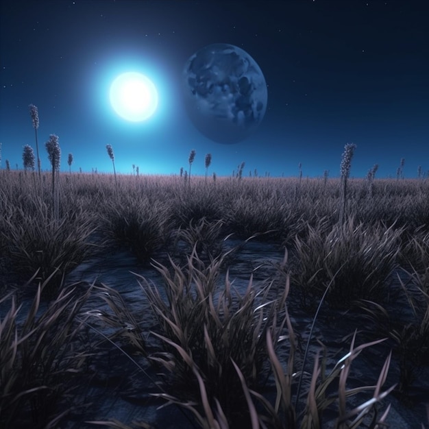 Een close-up van een veld met gras en een generatieve ai bij volle maan