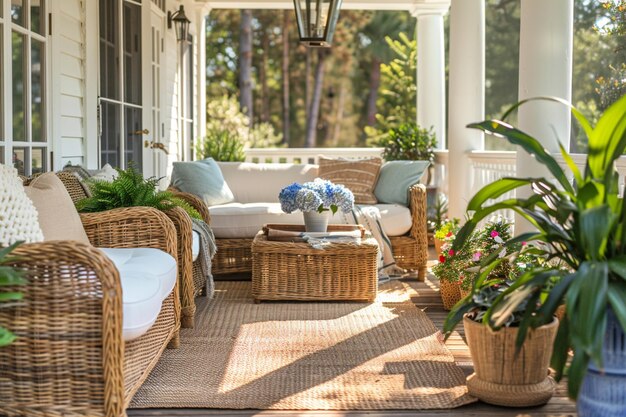 een close-up van een veranda met wicker meubels en planten generatieve ai