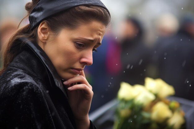 Foto een close-up van een verdrietige vrouw bij het graf tijdens een begrafenis generatieve ai