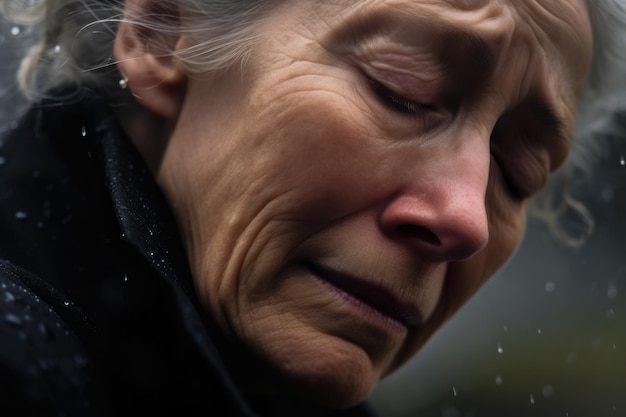 Een close-up van een verdrietige vrouw bij het graf tijdens een begrafenis Generatieve AI