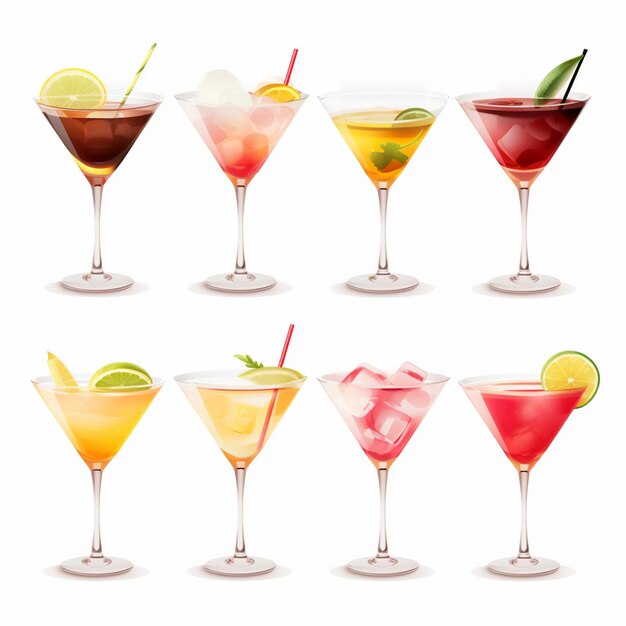 een close-up van een verscheidenheid aan cocktails in glazen met verschillende drankjes generatieve ai