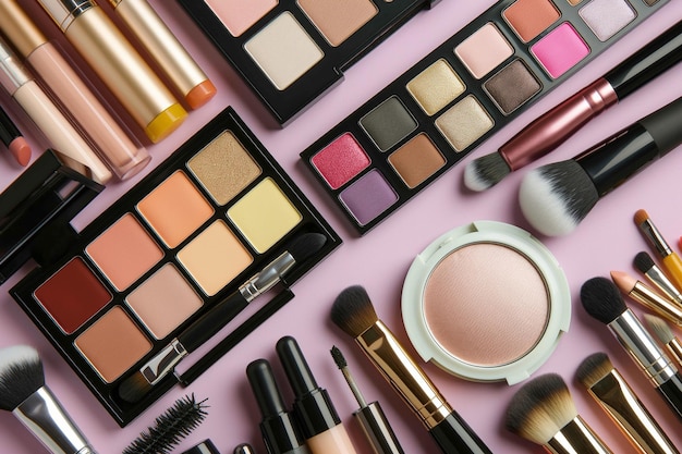 een close-up van een verscheidenheid aan make-up borstels en cosmetische producten generatieve ai