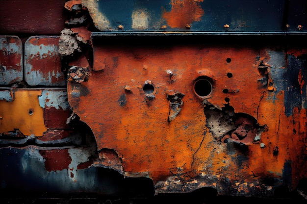 Een close-up van een verweerde industriële bakstenen muur met afbladderende verf en roest