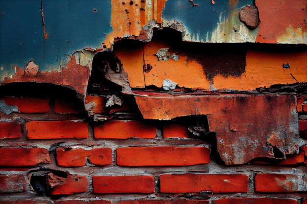 Een close-up van een verweerde industriële bakstenen muur met afbladderende verf en roest