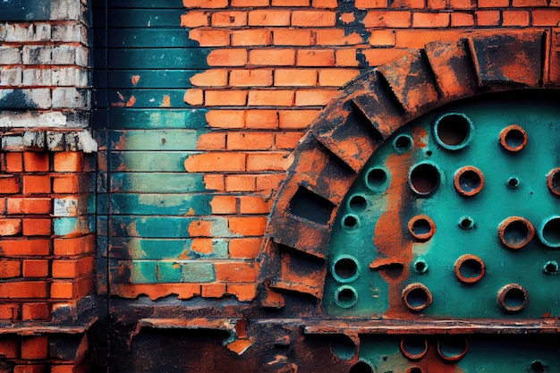 Een close-up van een verweerde industriële bakstenen muur met een verscheidenheid aan texturen en patronen