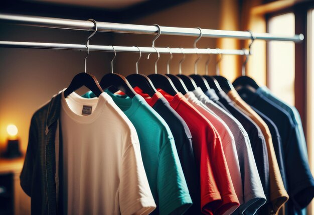 Een close-up van een verzameling T-shirts die netjes op een kledinghanger hangen, toont verschillende kleuren