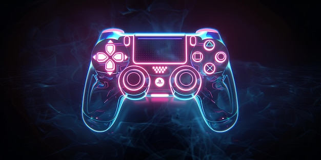 een close-up van een videogame controller met neonlichten generatieve ai