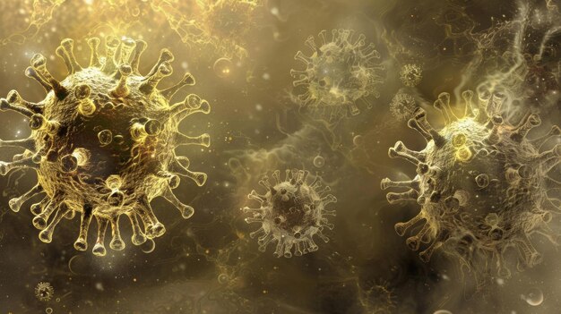 Een close-up van een virus met een geelachtige kleur