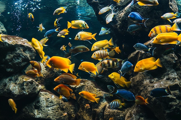 Foto een close-up van een vis met zijn mond open en waterbubbels