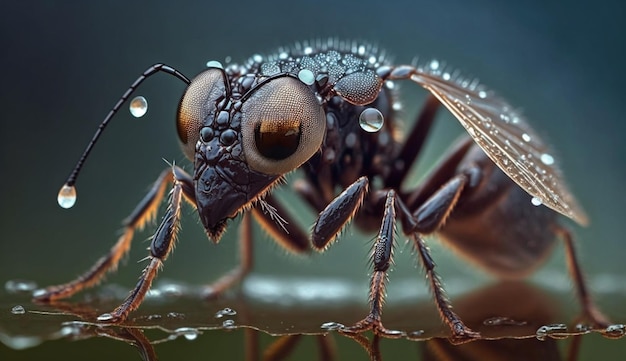 Een close-up van een vlieg bedekt met dauw