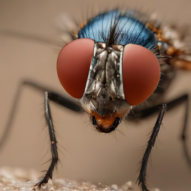 een close-up van een vlieg met een blauwe neus en rode ogen