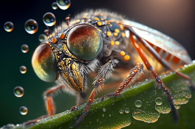 Een close-up van een vlieg met waterdruppels erop