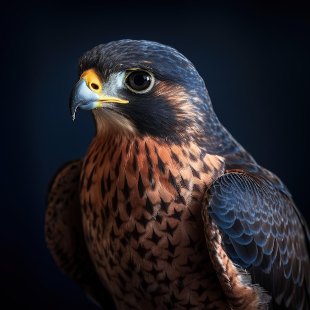 Een close-up van een vogel met een blauwe achtergrond en het woord valk erop.