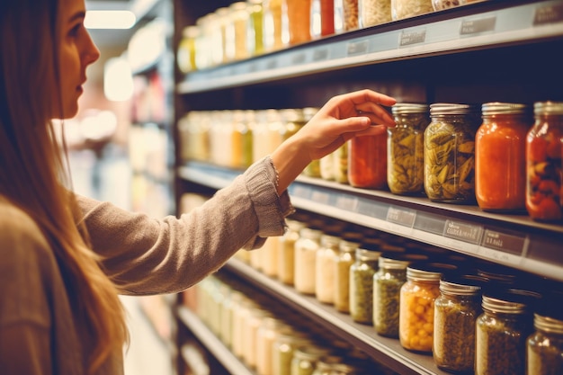 Een close-up van een vrouw die in een kruidenierswinkel naar een item op een plank reikt Generatieve AI