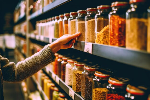 Een close-up van een vrouw die in een kruidenierswinkel naar een item op een plank reikt Generatieve AI