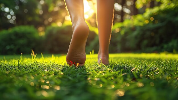 Een close-up van een vrouw die op blote voeten over een groen gazon slentert met zonnestralen. Generatieve AI