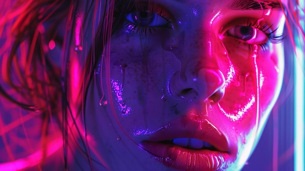een close-up van een vrouw met een neon make-up en een roze licht generatieve ai