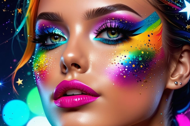 Foto een close-up van een vrouw met kleurrijke make-up digitale kunst