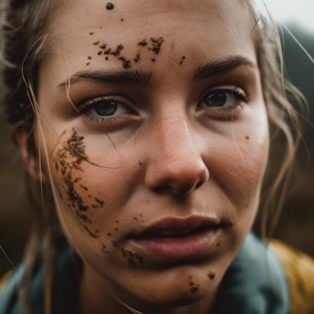 Een close-up van een vrouw met vuil op haar gezicht Generatieve AI-beeld