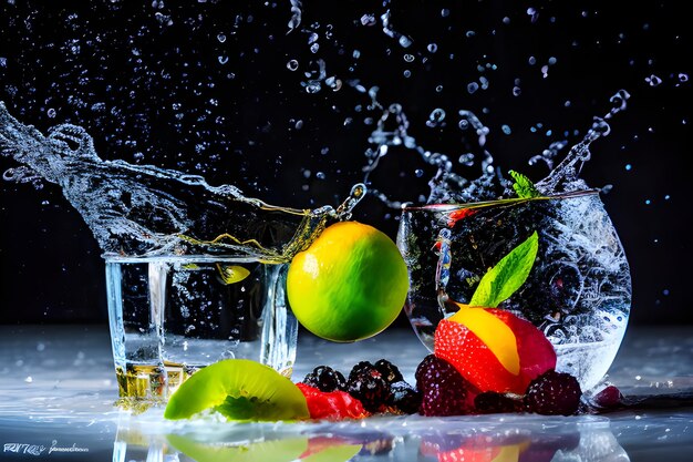 een close-up van een vrucht in een glas water culinaire kunstfotografie