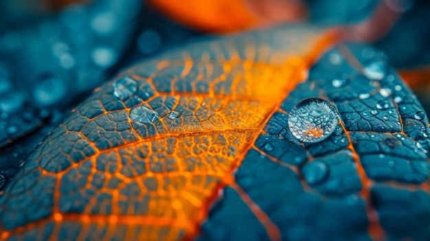 Een close-up van een waterdruppel op een blad die het ingewikkelde netwerk van aderen vergroot.