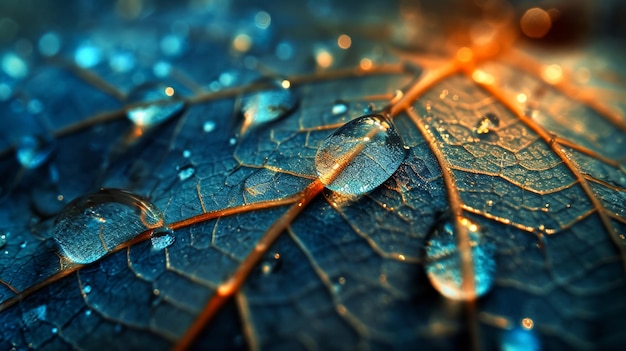 Een close-up van een waterdruppel op een blad die het ingewikkelde netwerk van aderen vergroot.