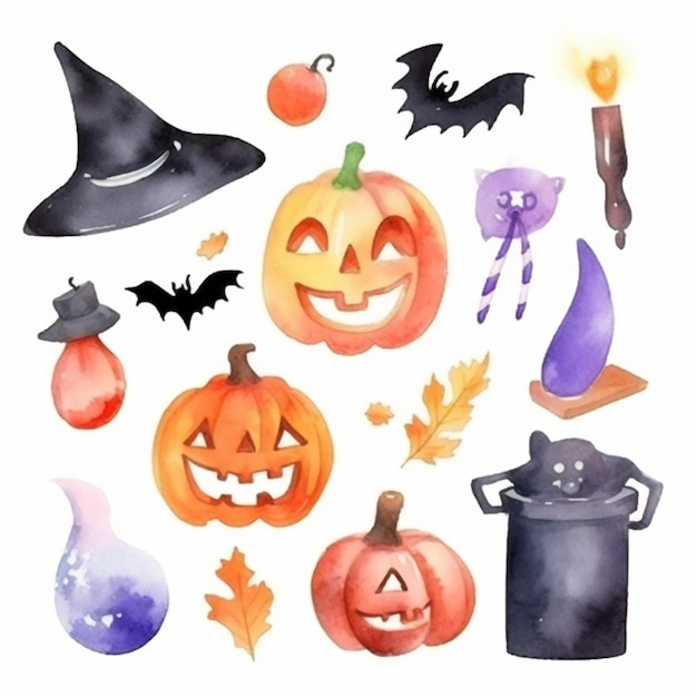 Een close-up van een waterverf schilderij van halloween items generatieve ai