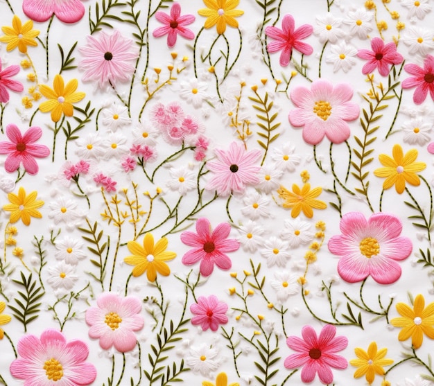 een close-up van een wit oppervlak met roze en gele bloemen generatieve ai
