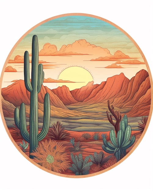 een close-up van een woestijntafereel met een cactus en bergen generatieve ai
