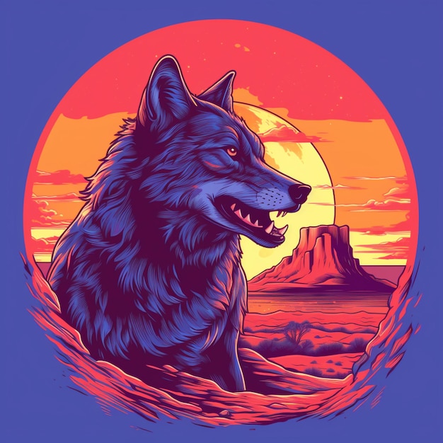 Een close-up van een wolf in een woestijn met een zonsondergang op de achtergrond generatieve ai