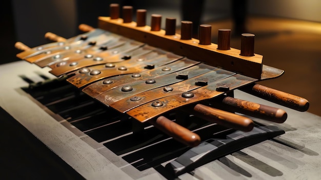 Foto een close-up van een xylofoon gemaakt van metalen staven en houten malletjes de xylofoon wordt op een donker oppervlak geplaatst