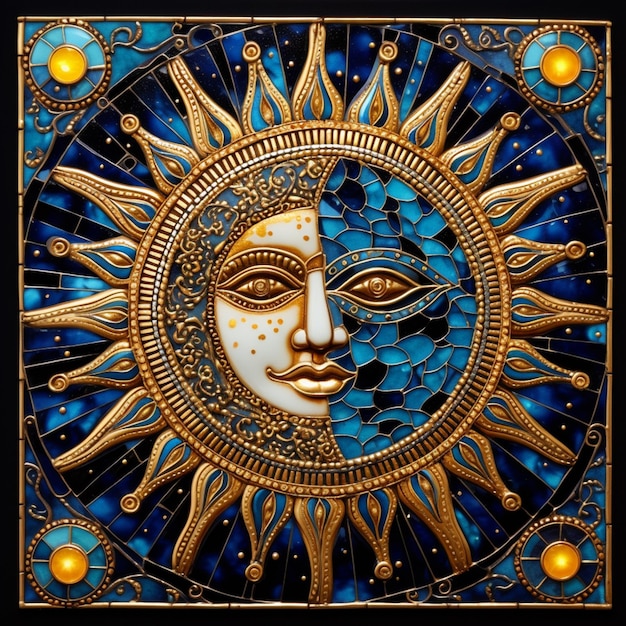 een close-up van een zon met een gezicht in een mozaïek generatieve ai