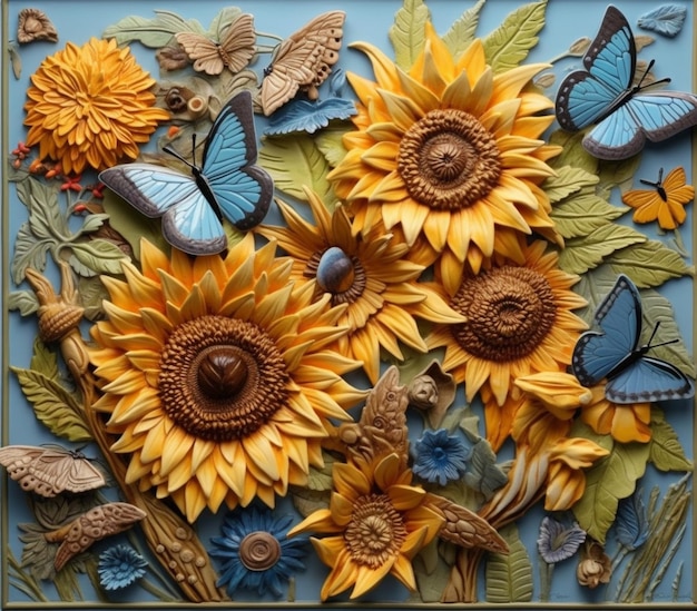 een close-up van een zonnebloem met vlinders en andere bloemen generatieve ai