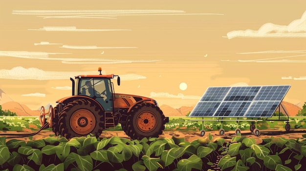 Een close-up van een zonnepaneel dat op een tractor is bevestigd en klaar is om een veld te bewerken met behulp van hernieuwbare energiebronnen