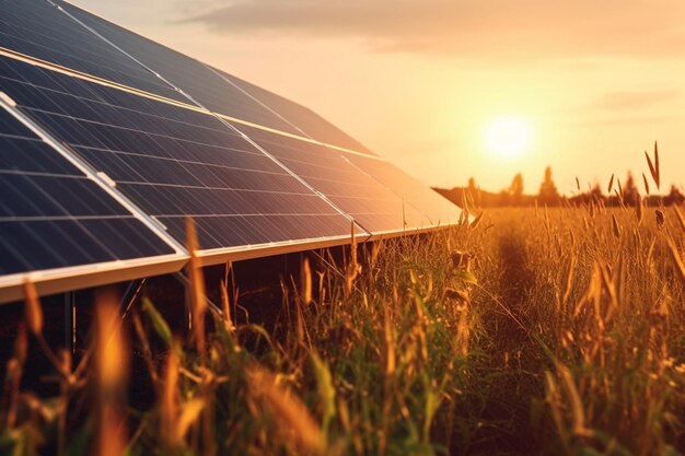 een close-up van een zonnepaneel in een veld van gras generatieve ai